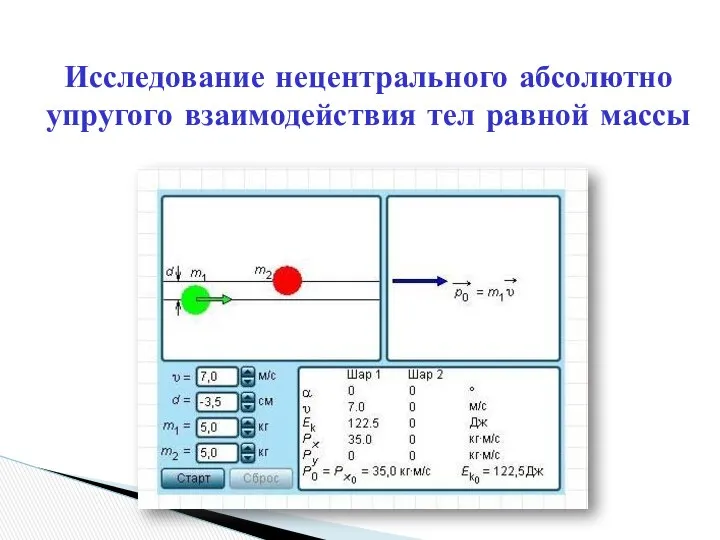 Исследование нецентрального абсолютно упругого взаимодействия тел равной массы