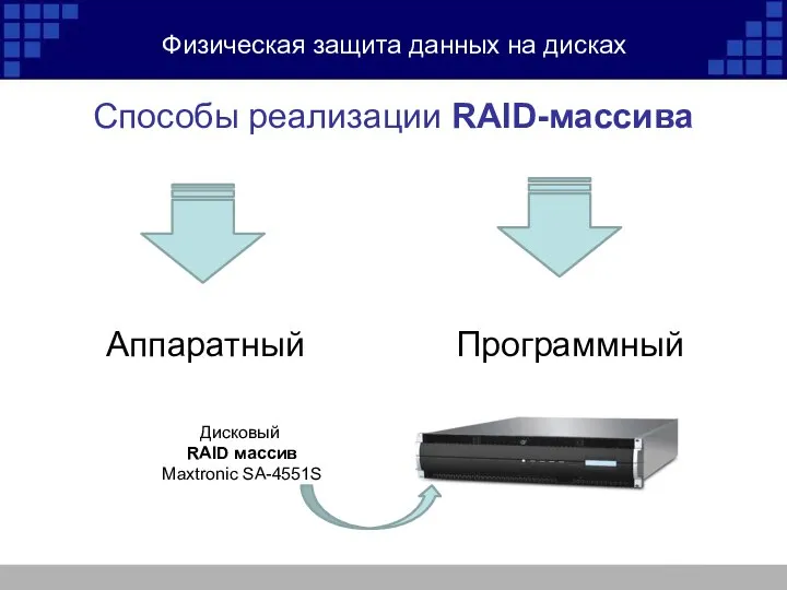 Физическая защита данных на дисках Способы реализации RAID-массива Аппаратный Программный Дисковый RAID массив Maxtronic SA-4551S