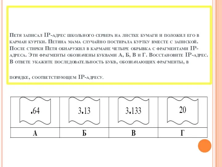 Петя записал IP-адрес школьного сервера на листке бумаги и положил его