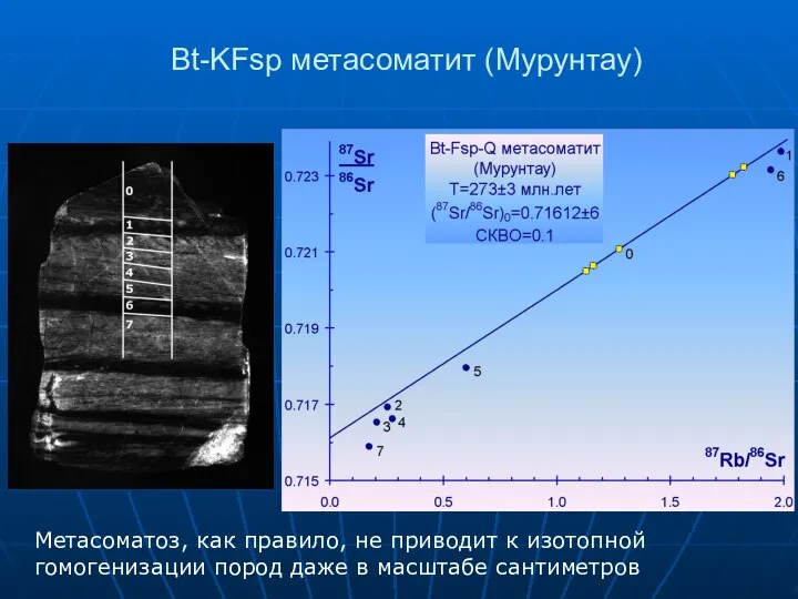 Bt-KFsp метасоматит (Мурунтау) Метасоматоз, как правило, не приводит к изотопной гомогенизации пород даже в масштабе сантиметров