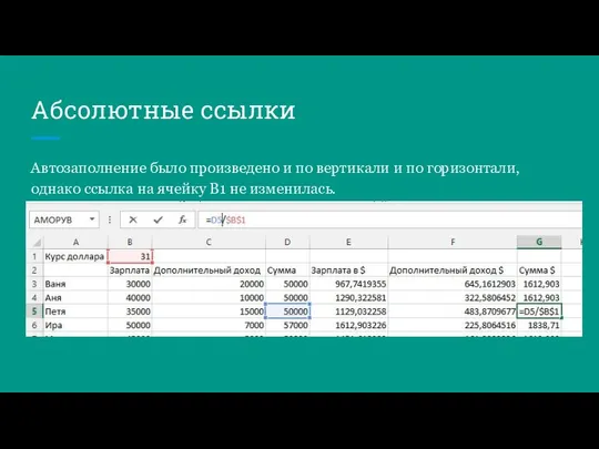 Абсолютные ссылки Автозаполнение было произведено и по вертикали и по горизонтали,