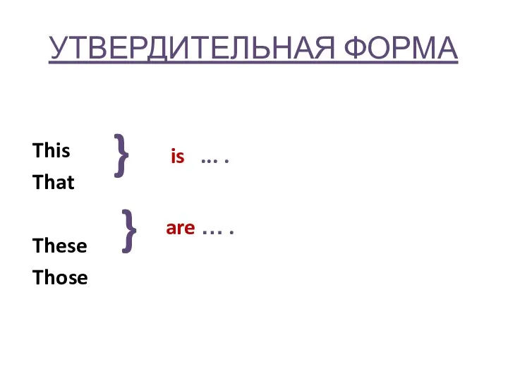 УТВЕРДИТЕЛЬНАЯ ФОРМА This That These Those } } is ... . are … .