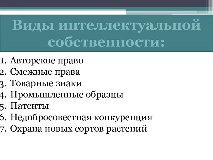 Виды интеллектуальной собственности: Авторское право Смежные права Товарные знаки Промышленные образцы