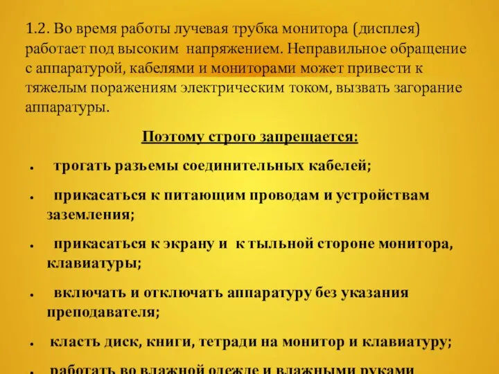 1.2. Во время работы лучевая трубка монитора (дисплея) работает под высоким