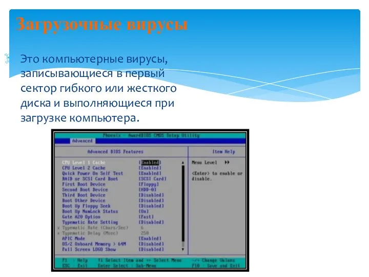 Загрузочные вирусы Это компьютерные вирусы, записывающиеся в первый сектор гибкого или