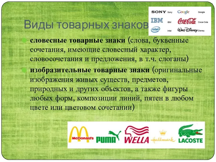 Виды товарных знаков. словесные товарные знаки (слова, буквенные сочетания, имеющие словесный