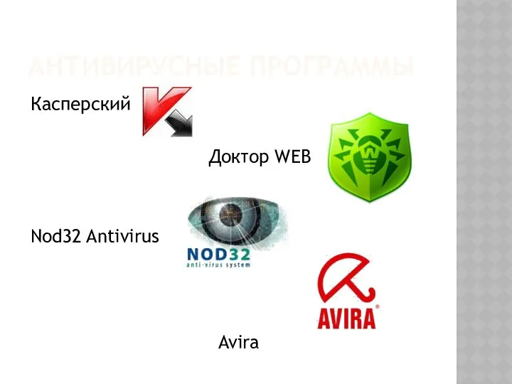 АНТИВИРУСНЫЕ ПРОГРАММЫ Касперский Доктор WEB Nod32 Antivirus Avira