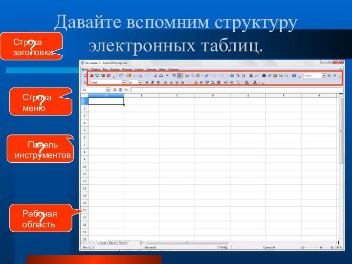 Давайте вспомним структуру электронных таблиц. ? Строка заголовка ? Строка меню