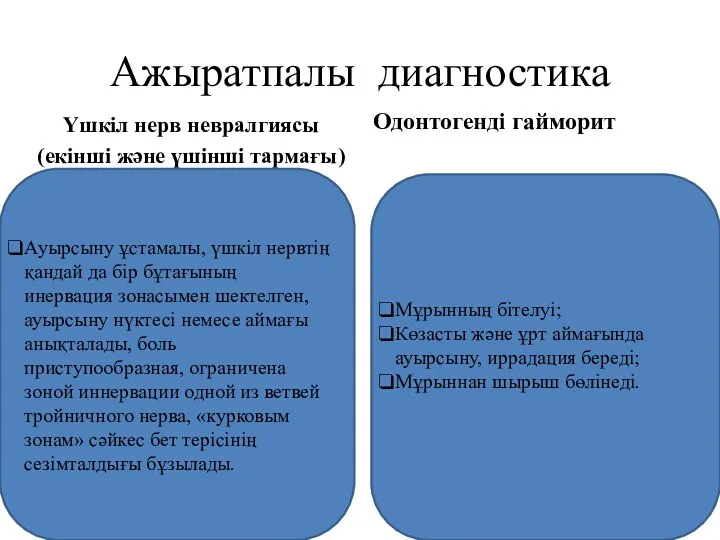 Ажыратпалы диагностика Үшкіл нерв невралгиясы (екінші және үшінші тармағы) Одонтогенді гайморит