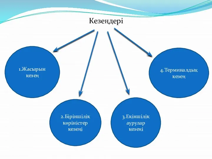 Кезеңдері 1.Жасырын кезең 3.Екіншілік аурулар кезеңі 4.Терминалдық кезең 2.Біріншілік көріністер кезеңі