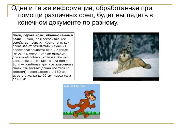 Одна и та же информация, обработанная при помощи различных сред, будет