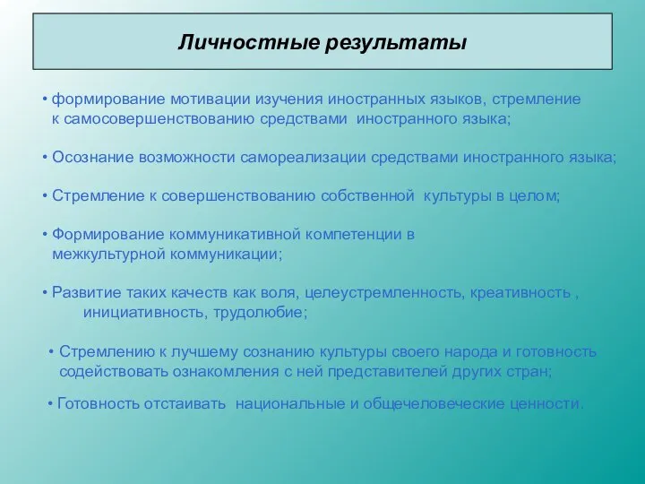 Личностные результаты формирование мотивации изучения иностранных языков, стремление к самосовершенствованию средствами