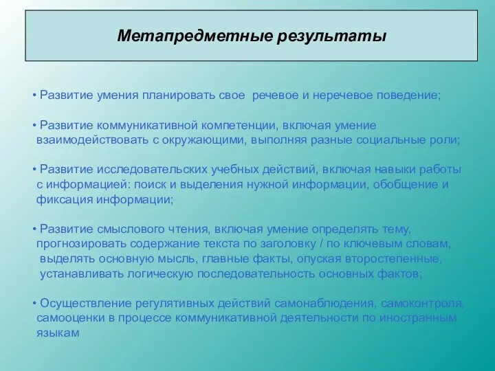 Метапредметные результаты Развитие умения планировать свое речевое и неречевое поведение; Развитие