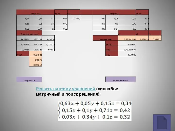 Решить систему уравнений (способы: матричный и поиск решения):