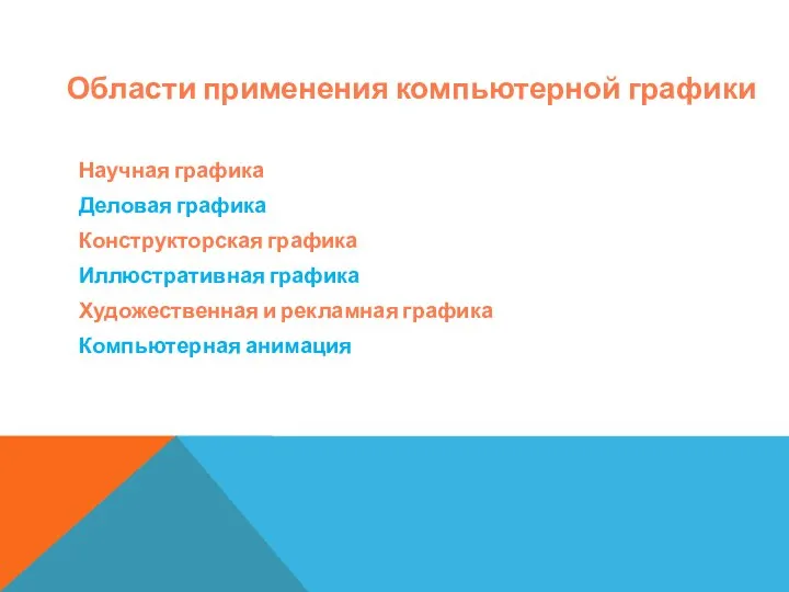 Области применения компьютерной графики Научная графика Деловая графика Конструкторская графика Иллюстративная