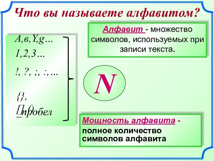 Мощность алфавита - полное количество символов алфавита Что вы называете алфавитом?