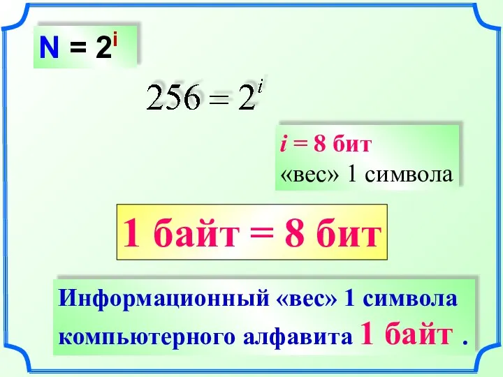 N = 2i i = 8 бит «вес» 1 символа 1