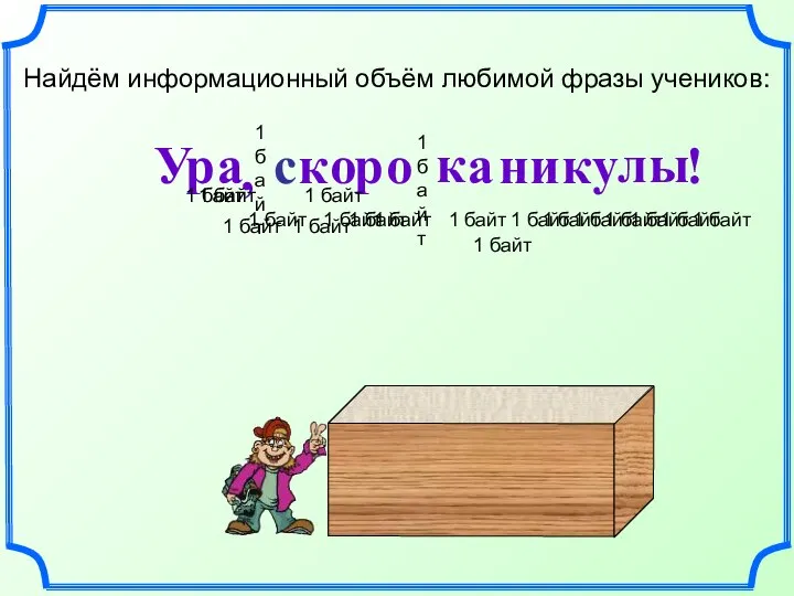 Найдём информационный объём любимой фразы учеников: У р а 1 байт