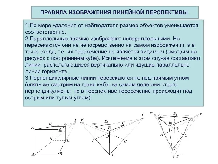 1.По мере удаления от наблюдателя размер объектов уменьшается соответственно. 2.Параллельные прямые