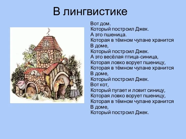 В лингвистике Вот дом. Который построил Джек. А это пшеница. Которая