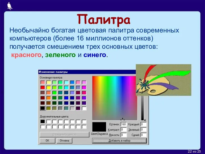 Палитра Необычайно богатая цветовая палитра современных компьютеров (более 16 миллионов оттенков)