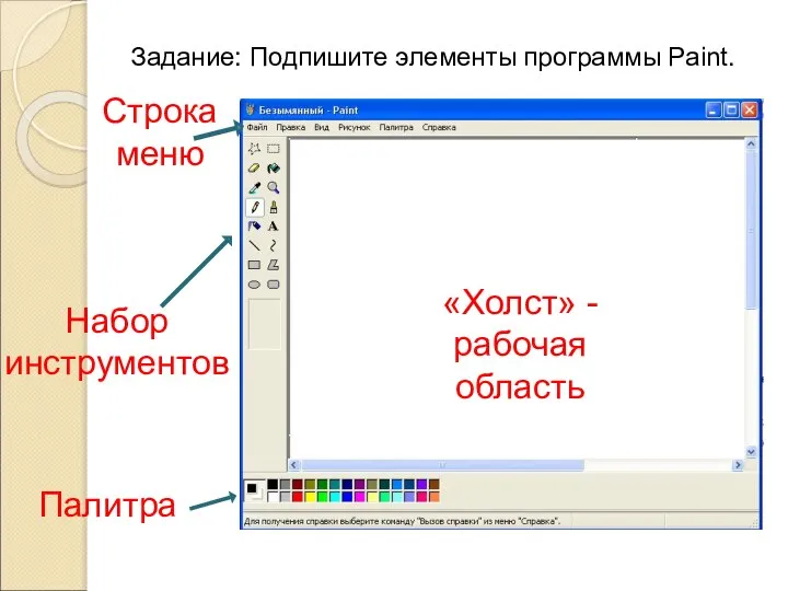 Задание: Подпишите элементы программы Paint. Набор инструментов Палитра «Холст» - рабочая область Строка меню