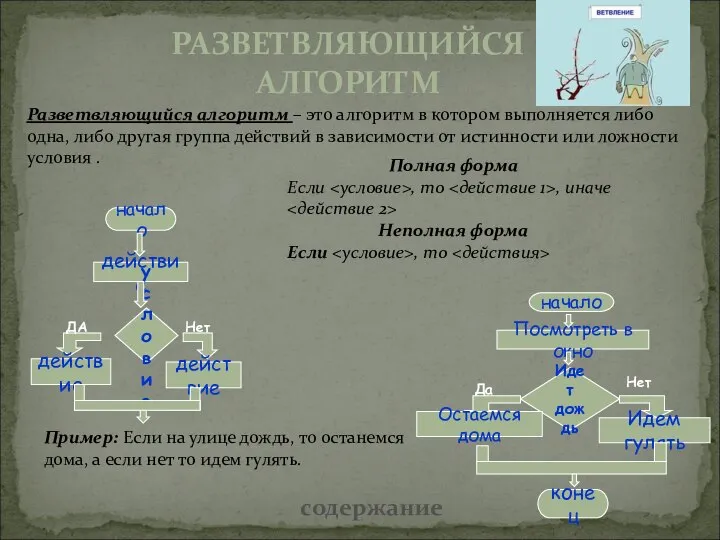 Разветвляющийся алгоритм – это алгоритм в котором выполняется либо одна, либо