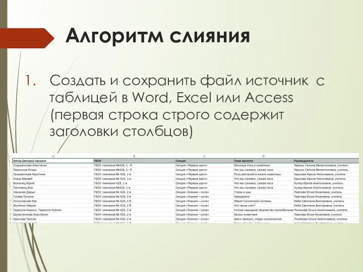 Алгоритм слияния Создать и сохранить файл источник с таблицей в Word,