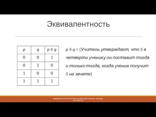 Эквивалентность ВВЕДЕНИЕ В АЛГЕБРУ ЛОГИКИ / ЛОГИЧЕСКИЕ ОПЕРАЦИИ. ТАБЛИЦЫ ИСТИННОСТИ p