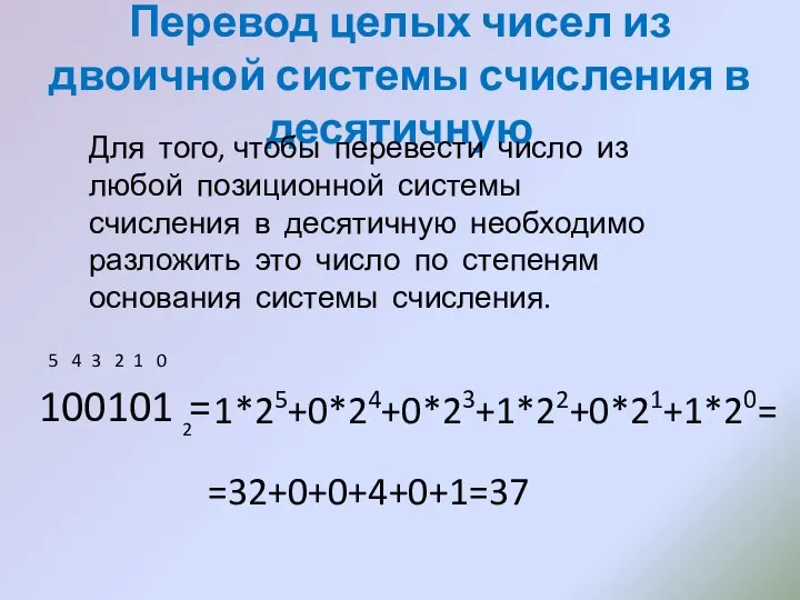 Перевод целых чисел из двоичной системы счисления в десятичную 100101 2