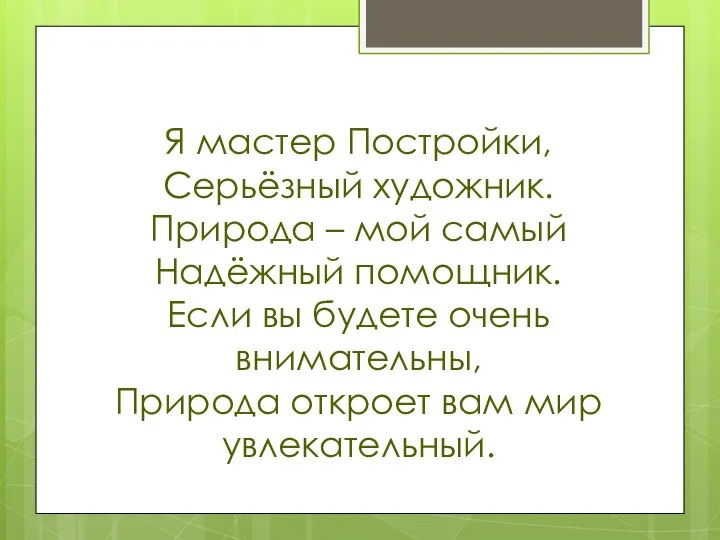 Я мастер Постройки, Серьёзный художник. Природа – мой самый Надёжный помощник.