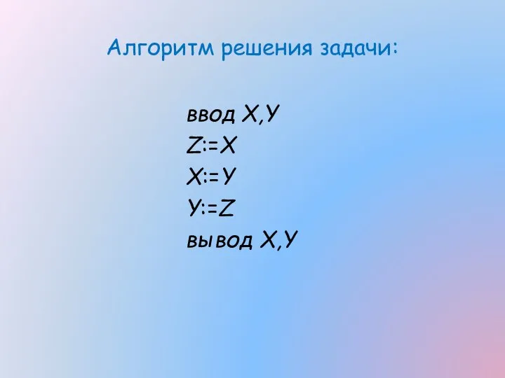 Алгоритм решения задачи: ввод X,Y Z:=X X:=Y Y:=Z вывод X,Y