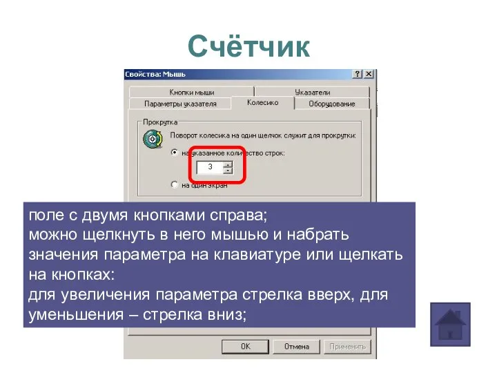 Счётчик поле с двумя кнопками справа; можно щелкнуть в него мышью