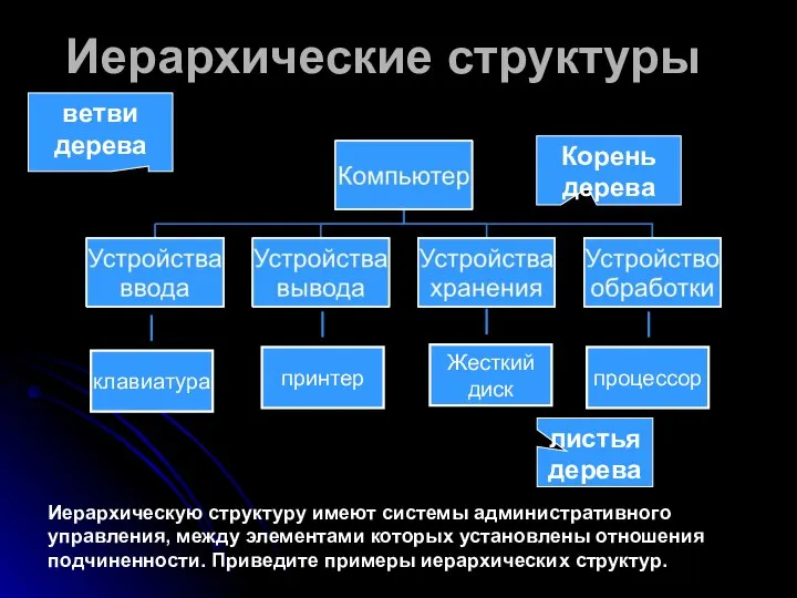 Иерархические структуры Иерархическую структуру имеют системы административного управления, между элементами которых