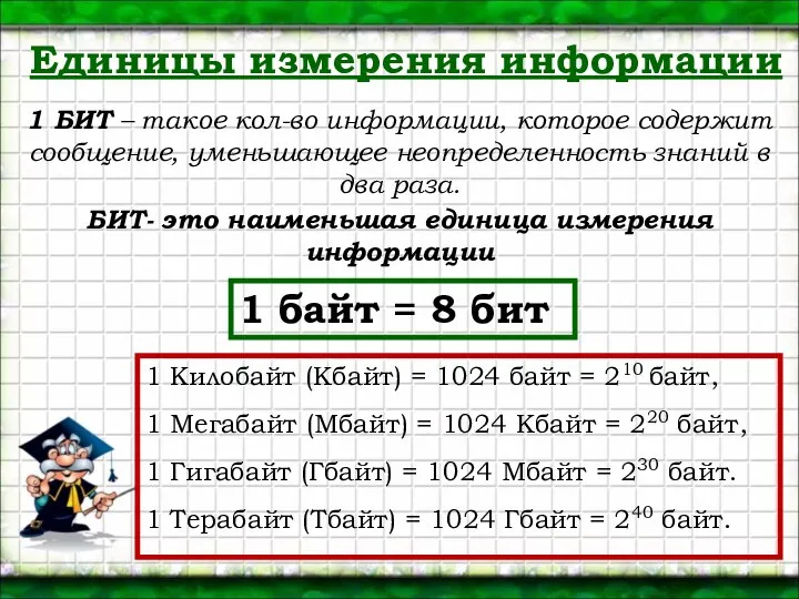 1 Килобайт (Кбайт) = 1024 байт = 210 байт, 1 Мегабайт