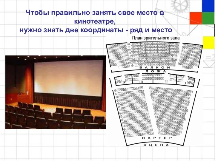 Чтобы правильно занять свое место в кинотеатре, нужно знать две координаты - ряд и место