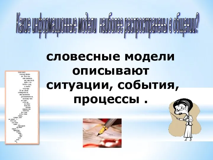 словесные модели описывают ситуации, события, процессы . Какие информационные модели наиболее распространены в общении?