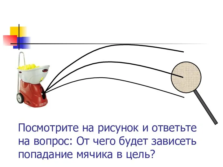 Посмотрите на рисунок и ответьте на вопрос: От чего будет зависеть попадание мячика в цель?