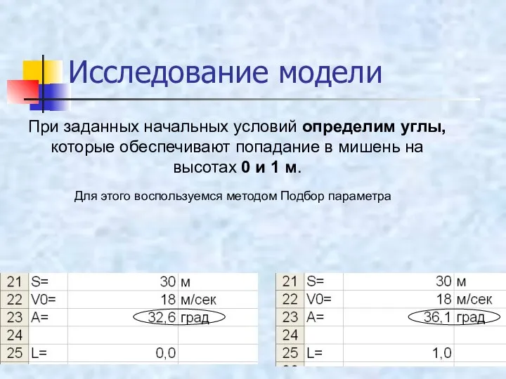 Исследование модели При заданных начальных условий определим углы, которые обеспечивают попадание