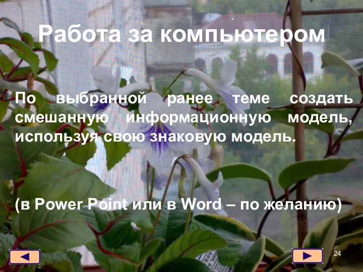 Работа за компьютером По выбранной ранее теме создать смешанную информационную модель,