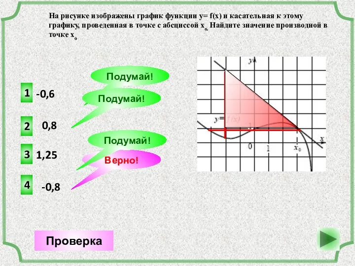 -0,6 4 Верно! Проверка 0,8 1 Подумай! 1,25 3 Подумай! -0,8