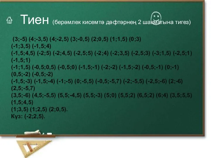 Тиен (берәмлек кисемтә дәфтәрнең 2 шакмагына тигез) (3;-5) (4;-3,5) (4;-2,5) (3;-0,5)