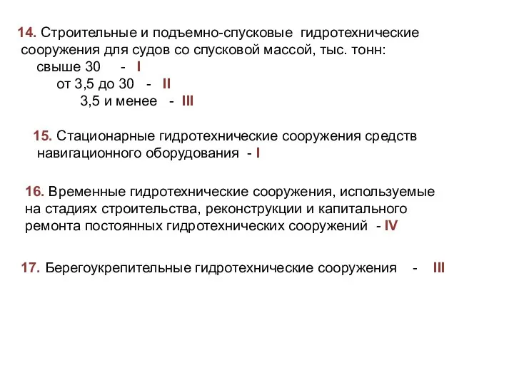 14. Строительные и подъемно-спусковые гидротехнические сооружения для судов со спусковой массой,