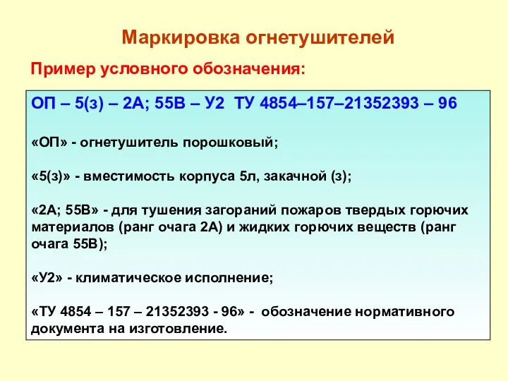 Маркировка огнетушителей ОП – 5(з) – 2А; 55В – У2 ТУ