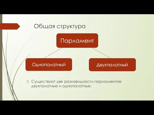 Общая структура Существуют две разновидности парламентов: двухпалатные и однопалатные. Парламент Однопалатный Двухпалатный