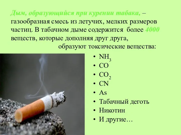 Дым, образующийся при курении табака, – газообразная смесь из летучих, мелких