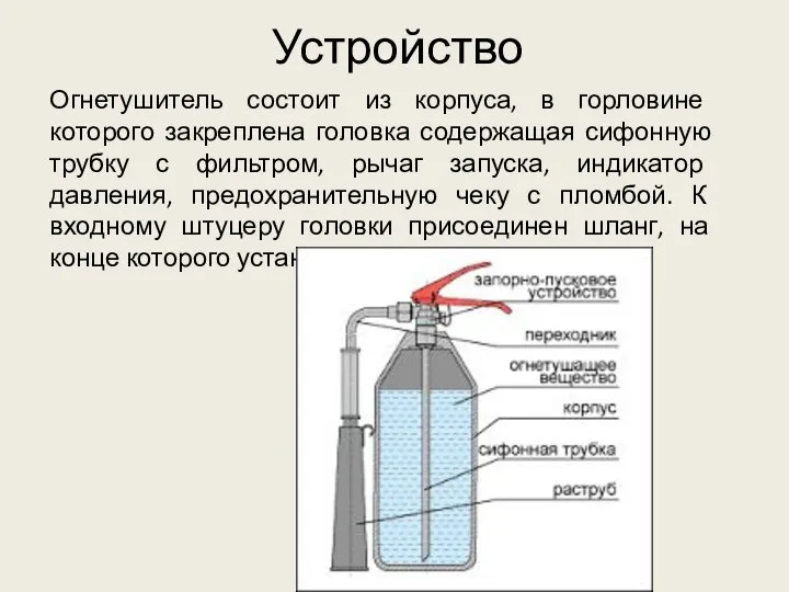 Устройство Огнетушитель состоит из корпуса, в горловине которого закреплена головка содержащая