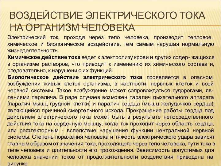 ВОЗДЕЙСТВИЕ ЭЛЕКТРИЧЕСКОГО ТОКА НА ОРГАНИЗМ ЧЕЛОВЕКА Электрический ток, проходя через тело