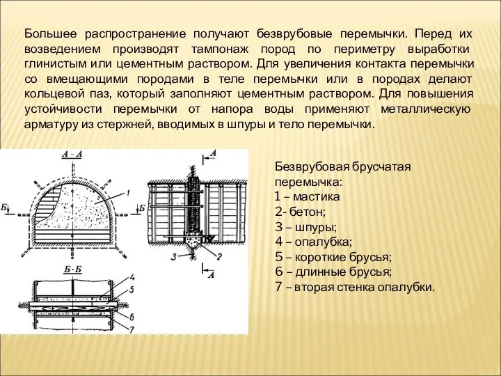 Большее распространение получают безврубовые перемычки. Перед их возведением производят тампонаж пород