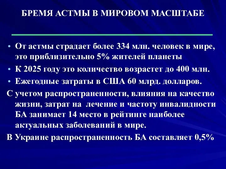 БРЕМЯ АСТМЫ В МИРОВОМ МАСШТАБЕ От астмы страдает более 334 млн.